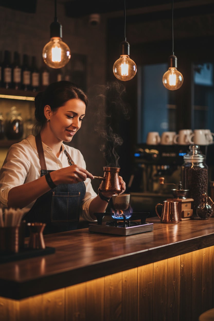Barista Selin Aydın bakır cezvede kahve demlerken